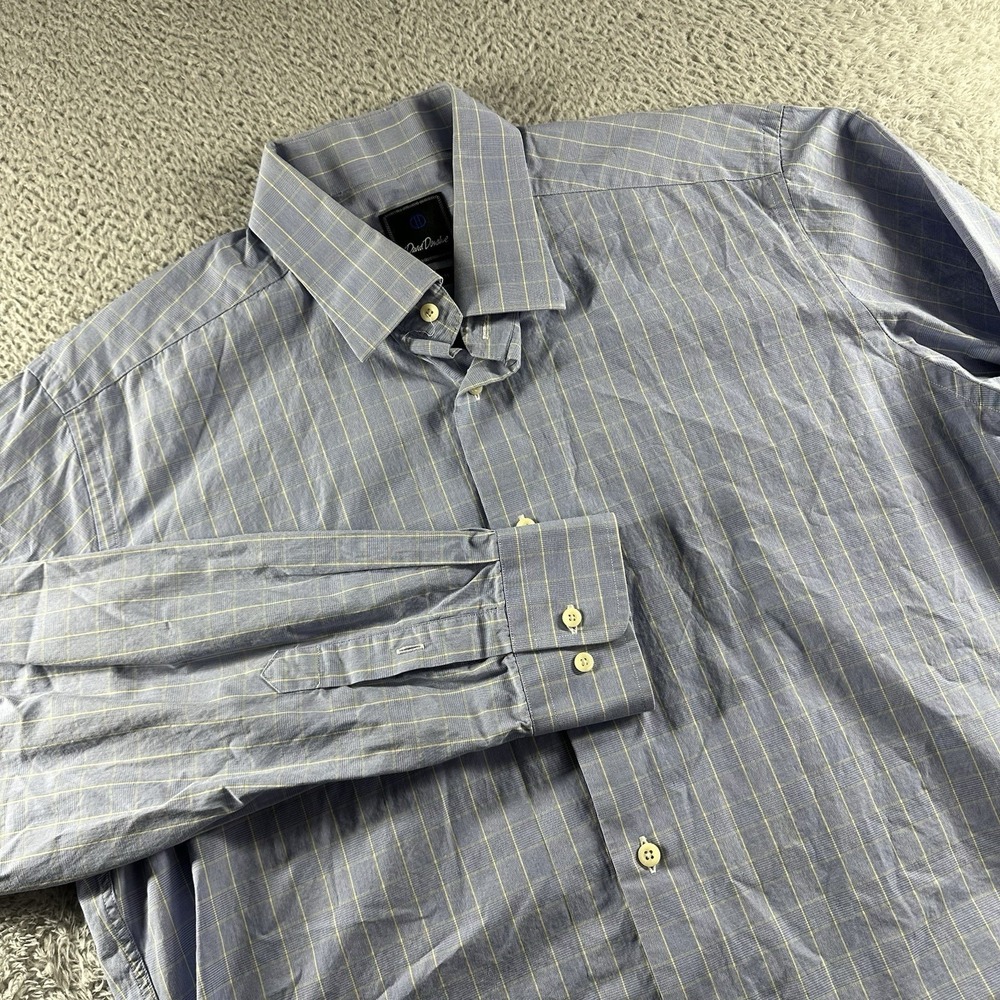 David Donahue Dress Shirt Mens 17 34/35 Blue Plaid Windowpane Cotton Long Sleeve
